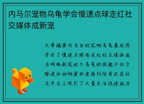 内马尔宠物乌龟学会慢速点球走红社交媒体成新宠