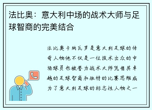 法比奥：意大利中场的战术大师与足球智商的完美结合